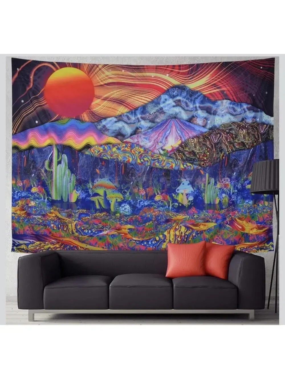 Trippy Tapestry Mountain Psychedelic Sun Colorful Mushroom Hippie Waves Cacti